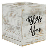 MyGift White Washed Solid Wood Square Tissue Box Cover Holder Decorative Tissue Dispenser Bath Decor with Bless You Design and Easy Refill Slide Out Bottom MyGift