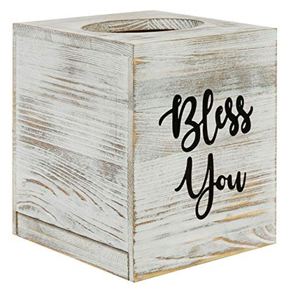 MyGift White Washed Solid Wood Square Tissue Box Cover Holder Decorative Tissue Dispenser Bath Decor with Bless You Design and Easy Refill Slide Out Bottom