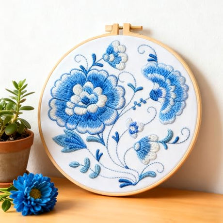 BEUNITONE 4 Set Embroidery Kit for Beginners, Blue Flower Cross Stitch Kits, Needlepoint Kits for Adults with Instructions and Full Kit, Classical Hand Embroidery Patterns for Cloth and Home Decor BEUNITONE