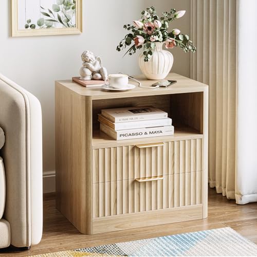 IRONCK Fluted Night Stand Set of 2, Modern Nightstand with Charging Station, Drawers and Open Shelves - Bedside Table Wood Side Table Set for Bedroom IRONCK