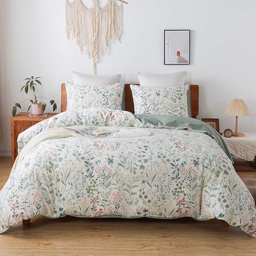 HoneiLife Duvet Cover Queen Size - 100% Cotton Comforter Floral Breathable Duvet Cover with Zipper Closure & Corner Ties,3pcs Wildflower Comforter Cover Sets- Fragrant Grass HoneiLife