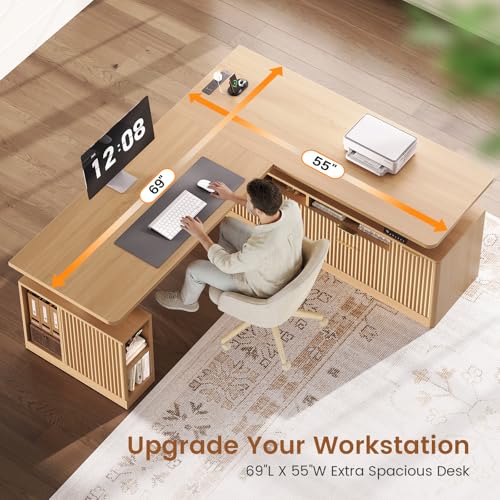 SEDETA L Shaped Electric Standing Desk, 69" x 55"Height Adjustable Office Executive Desk with 4 Drawers and Storage Shelves, Fluted Sit Stand Computer Desk with Power Outlet for Home Office, Oak SEDETA