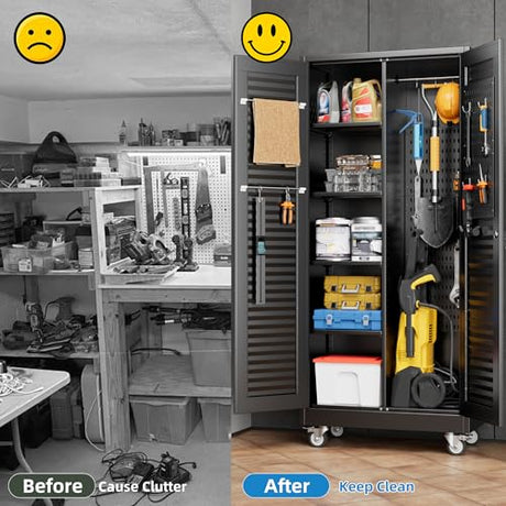 Aobabo Lockable Metal Storage Cabinet with 4 Adjuatable Shelves,Garage Storage Cabinet with Wheels and 5 Remove Pegboard,Required Assembly,Black,70.87''H*31.5''W*15.75''D Aobabo