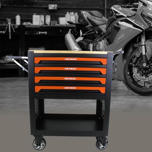 Campfun 4 Drawers Tool Box with Wheels Rolling Tool Cart with Drawers, Workbench Tool Box, Wooden Top Tool Boxes, Metal Multifunction Tool Cart for Campfun