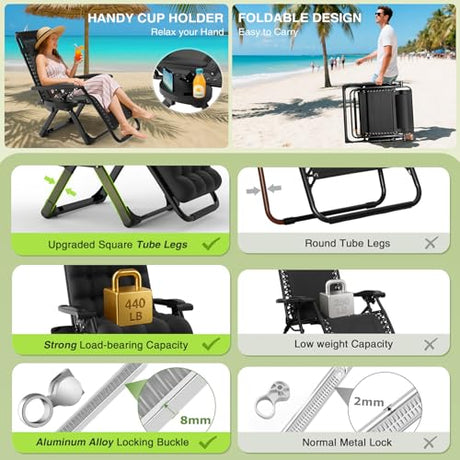 Suteck Zero Gravity Chair Set of 2, Reclining Camping Lounge Chair w/Removable Cushion, Upgraded Lock and Cup Holder, Reclining Patio Chairs Folding Recliner for Indoor and Outdoor Suteck