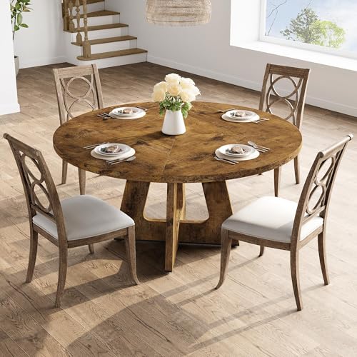 GarveeHome 47-Inch Round Large Dining Table, Wooden Kitchen Table Set for 4 to 6, Farmhouse Dinner Table with Wooden Top and Legs for Home Dining Room or Living Room - Rustic Brown(Only Table) GarveeHome