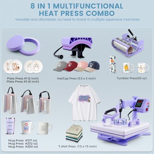 Whubefy Heat Press 15x15 inch 8 in 1 with 30OZ Tumbler Press, Slide Out 360° Swing Away Digital Shirt Press Machine, Industrial-Quality Heat Transfer Sublimation for T-Shirt/Tumbler/Mug/Hat/Cap/Plate Whubefy