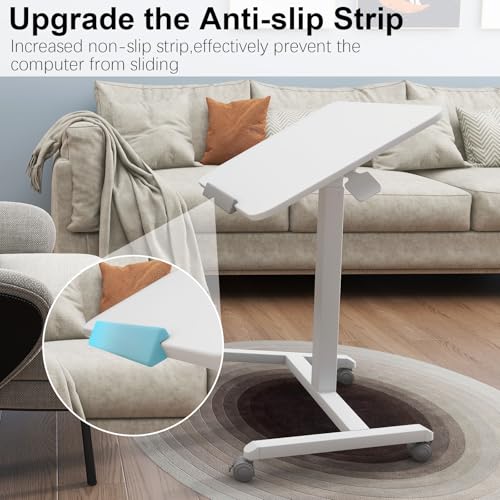 PUNCIA 90°Tiltable Small Standing Desk with Stoppers Mobile Rolling Laptop Table on Wheels Pneumatic Adjustable Height Computer Workstation Stand Up Cart Bedside Overbed Table for Home Office White PUNCIA