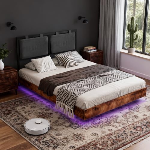 LUCKLIFE Floating Bed Frame Queen Size, with Adjustable Headboard and Smart LED Lights, Upholstered Bed Frame with RGB Lights, Modern Metal Bed, Easy Assembly, Under-Bed Storage, Bedroom LUCKLIFE