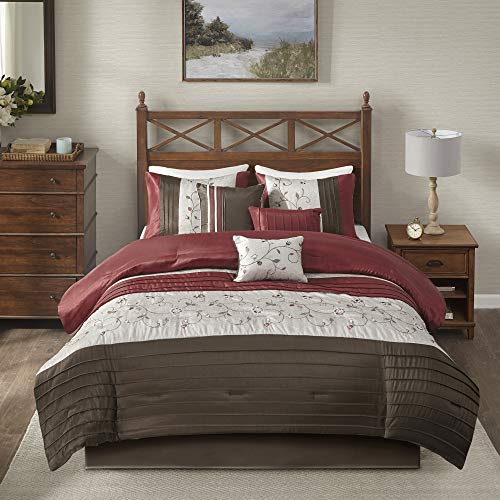 Madison Park Serene Faux Silk Comforter Set - Floral Embroidery Design, All Season Bedding Set, Matching Bed Skirt, Decorative Pillows, Red Cal King(104"x92") 7 Piece Madison Park