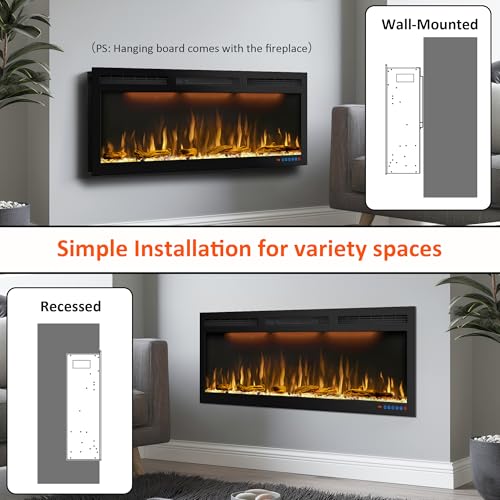 60 inches Electric Fireplace, Recessed and Wall Mounted Fireplace Heater and Linear Fireplace Inserts, with Timer, Remote Control, Adjustable Flame & Light Colors, 750W/1500W, Black Dreamflame