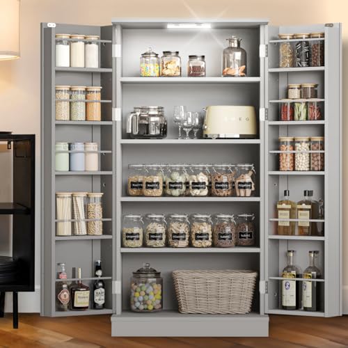 Furnaza LED Kitchen Pantry Storage Cabinets - 50 Inch Food Cabinets Buffet Cupboards with 2 Doors and Shelves Adjustable for Small Space in Dinning Room, Living Room, in Grey Furnaza