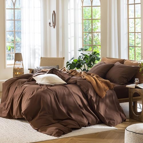 MooMee Bedding Duvet Cover Set 100% Washed Cotton Linen Like Textured Breathable Durable Soft Comfy (Solid Cocoa Brown, Queen 90"x90") MooMee
