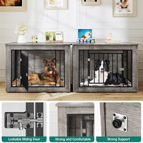 YITAHOME 76 Inch Double Dog Crate Furniture, XXL Dog Crate Furniture for 2 Dogs, Side End Table, Waterproof Top, Safety Corners, 2-in-1 Iron-Wood Fusion Dog Kennel Furniture for 2 Large Dogs,Greige YITAHOME