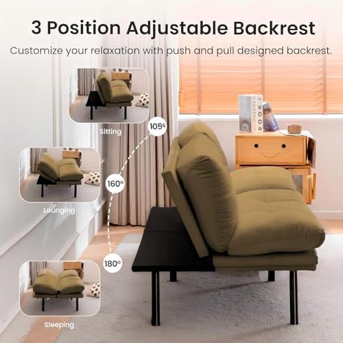 63" Convertible Futon Sofa Bed,Comfy Velvet Cloud Couch Bed with 4 Reclining Backrest,Modern Small Sleeper Loveseat for Living Room Home Office (Brown) Majnesvon