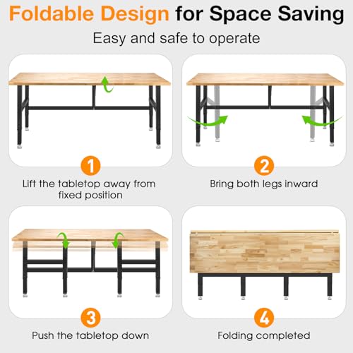 MUWOOD 72” Folding Workbench, 3000 LBS Capacity Heavy Duty Workbench, Height Adjustable Foldable Work Table, Rubberwood Collapsible Desk for Workshop, Garage, Office, Home MUWOOD
