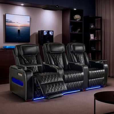 GUEAPY Power Reclining Sofa Home Theater Seating with Adjustable Headrest, Breathable Leather Electric Recliner with LED Lighting, Cup Holders, USB Charging & Tray Table