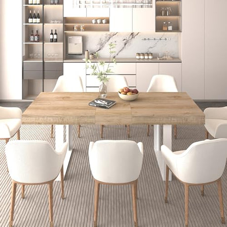 BAYYELL 63" - 79" Extendable Dining Room Table, Expandable Kitchen Table for 6 to 10 People, Modern Wood Conference Table, Large Farmhouse Dining Table(White Oak, Double-U Base) BAYYELL