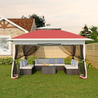 Canopy Tent 12x12 ft, Pop Up Gazebo One-Push Setup with 4 SandBags for Backyard Parties and BBQs, Mosquito Netting & Height Adjustable - Red