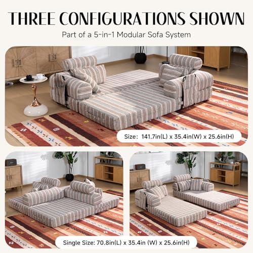 KSTNLUXQ 79" Corduroy Sofa Bed Sleeper Couch, 6-in-1 Convertible Boneless Floor Futon Loveseat, High-Density Foam Couch in a Box with 2 Headrest Pillows, No Assembly, Red and White KSTNLUXQ