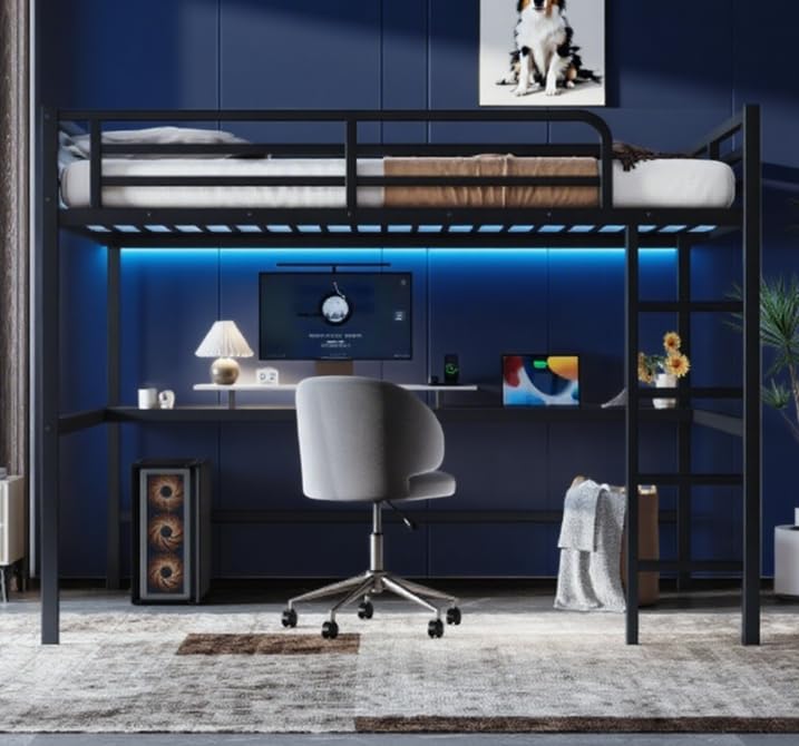 Bellemave Queen Loft Bed with Desk, Metal Queen Loft Bed Frame with guardrail and Ladder for Adults, Kids, Teens, Black with A Black Desk Bellemave