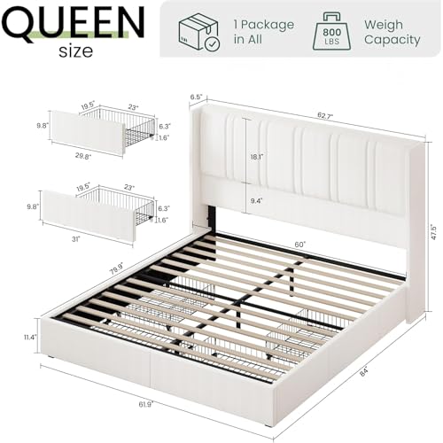 LARMACE Queen Size Bed Frame with 4 Storage Drawers and Wingback Headboard Linen Upholstered Platform Bed Frame with Wooden Slats, Easy Assembly, White LARMACE