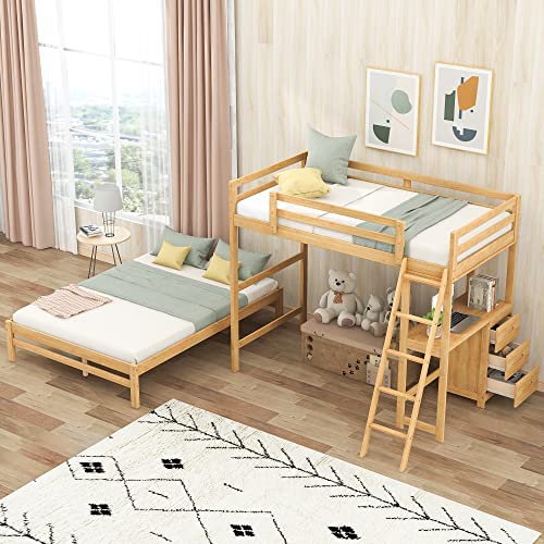 Twin Over Full Bunk Bed with Desk and 3 Storage Drawers, Convertible Into a Twin Size Loft Bed & Full Size Platform Bed, Wood L-Shaped Bunk Beds for Kids, Teens, Adults, Natural Harper & Bright Designs