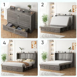 Mjkone Queen Murphy Bed Cabinet with Folding Mattress, Chest Cabinets Wall Beds with Storage Drawer and Built in Sockets & USB Ports, Sleeping Arrangement for Multipurpose Guest Room Home Office, Grey Mjkone