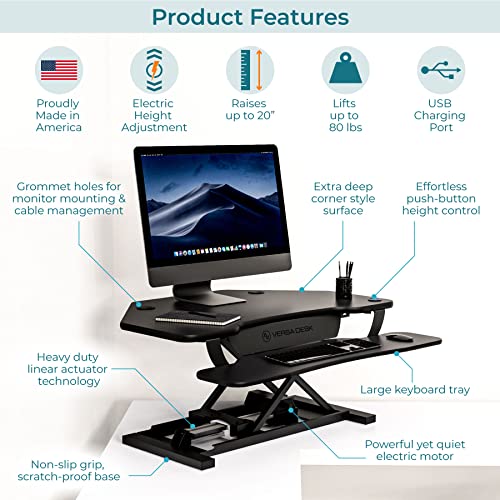 VERSADESK® PowerPro™ 36" Corner Standing Desk Converter, 36 Inch Motorized Height-Adjustable Standup Desk Riser Sit to Stand Desktop with Keyboard and Mouse Tray + USB Charging Port, Black VERSADESK