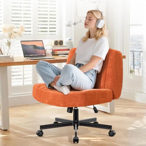 shipborne Convertible Base Criss Cross Chair with Pocket Springs & Thicker and Wider Cushions, Armless Legged Office Chair Relieves Back Pain, Swivel Vanity Chair for Living Room/Office, Orange shipborne