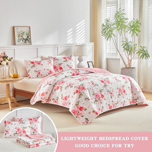 UOZZI BEDDING Floral Quilt Set 2 Pieces Twin Size White Pink Flower Soft Microfiber Lightweight Summer Reversible Coverlet Bedspread for All Season -1 Quilt 88 * 88 + 1 Pillow Sham UOZZI BEDDING