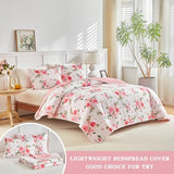 UOZZI BEDDING Floral Quilt Set 2 Pieces Twin Size White Pink Flower Soft Microfiber Lightweight Summer Reversible Coverlet Bedspread for All Season -1 Quilt 88 * 88 + 1 Pillow Sham UOZZI BEDDING