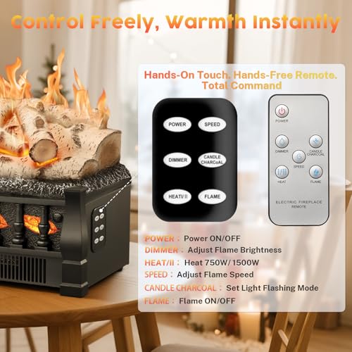 KISSAIR Electric Fireplace Log Inserts Heater, 21'' Freestanding Electric Fireplace Log Set, 5 Flame Brightness, 5 Flicker Speed, Heater 750W/1500W with Remote Control, Overheat Protection KISSAIR