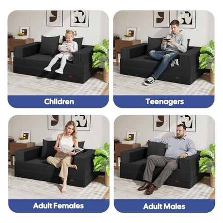 COMAX Futon Sofa Bed, 4‑in‑1 Convertible Sofa Bed, Folding Boneless Couches for Living Room, Fold Out Small Foldable Loveseat Floor Sleeper Comfy Mattress Lounge Space‑Saving, Black COMAX