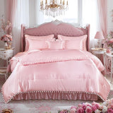 Bedorm Pink Satin Comforter Set 10 Pcs White Pom Pom Bedding Set Queen Size Super Soft Smooth Silk Like Silky Comforter Queen Bed in A Bag with Comforter & Sheet Set & Pillowcase & Bed Skirt Bedorm