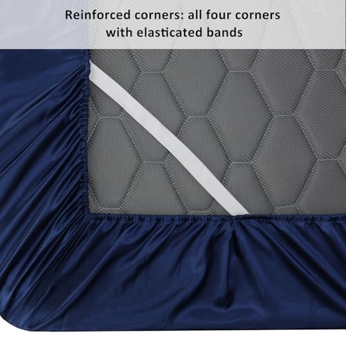 Lirex Satin Fitted Sheet Twin XL Size,Luxury & Ultra Soft Deep Pocket Single Bottom Bed Sheets Sold Separately, Navy Blue Lirex