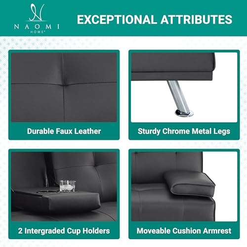 Naomi Home Black Futon Sofa Bed Faux Leather Futon Couch with Armrest and 2 Cupholders Pull Out Sofa Bed Couch with Metal Legs Reclining Small Bed Black Couches for Living Room Naomi Home