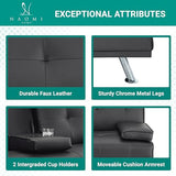 Naomi Home Black Futon Sofa Bed Faux Leather Futon Couch with Armrest and 2 Cupholders Pull Out Sofa Bed Couch with Metal Legs Reclining Small Bed Black Couches for Living Room Naomi Home