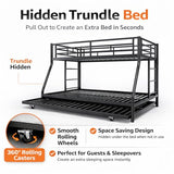 Nuturelly Metal Bunk Bed Twin Over Full with Trundle, Heavy Duty Steel Frame Bunk Bed Frame with Safety Guardrails & Ladder, Space Saving 3 Beds for Kids, Teens, Dorm, Black Nuturelly