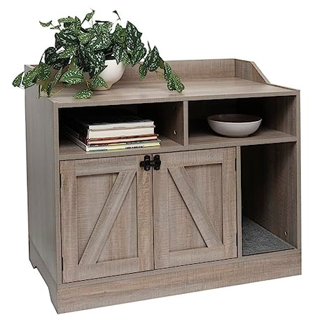 Front Row Cat Litter Box Furniture Enclosure | Wooden Hideaway Litterbox | Magnetic Closure with Metal Latch | Includes Cat Litter Trapping Non-Slip Mat with Scatter Control | Greige FRONT ROW