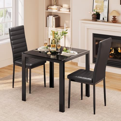 Gizoon 3 Piece Glass Dining Table Set, Kitchen and Chairs for 2, PU Leather Modern Room Sets for Home, Kitchen, Living Room Gizoon