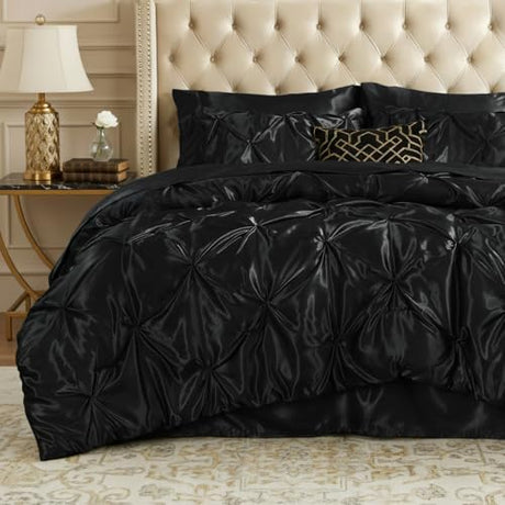 BEDELITE Satin Comforter Set Queen Size, 7 Pieces Luxury Pintuck Bed in A Bag with Comforter, Flat Sheet, Fitted Sheet, Pillowcases, Shams, Soft Cozy Similar to Silk Bed Set for All Seasons (Black) BEDELITE