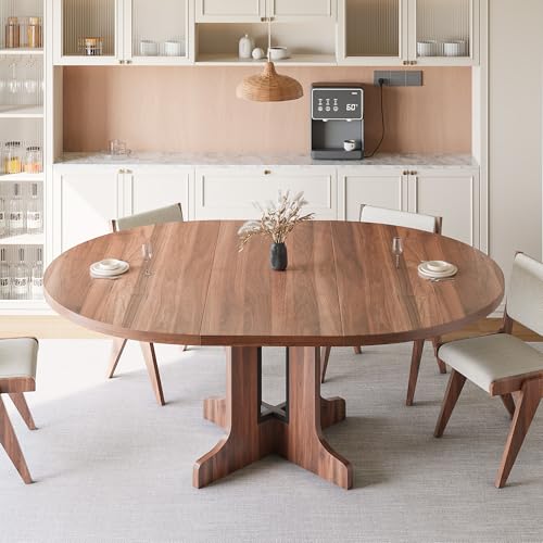 iPormis 59" Round Extendable Dining Table for 4-6, Modern Kitchen Table with Heavy Duty Pedestal Base & Wooden Top, Oval Dining Room Table for Dining Living Room, Easy Assembly, Walnut iPormis
