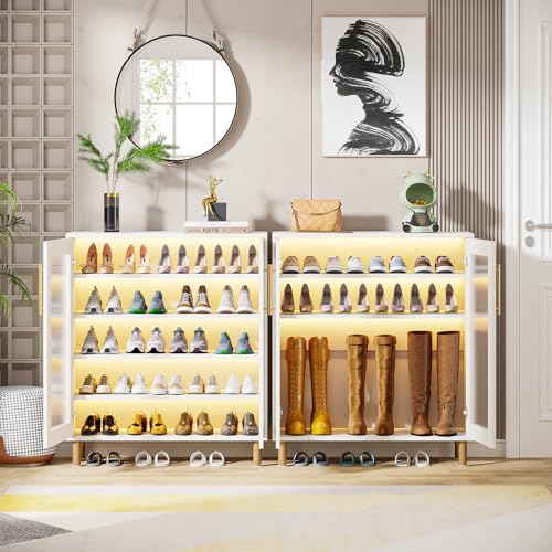 Tribesigns Shoe Cabinet with Acrylic Doors and LED Light, 24 Pairs Entryway Shoe Organizer Storage Rack with 5-Tier Adjustable Shelves for Narrow Closet, Hallway, Living Room (White & Gold) - WoodArtSupply