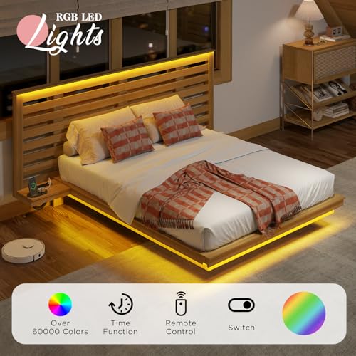 YUMPIE Maple Yellow Farmhouse Queen Floating Bed Frame with Nightstands, LED Lighting, and Charging Station - WoodArtSupply