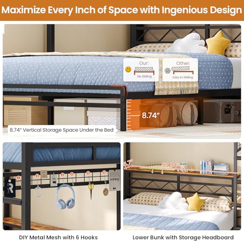 DICTAC Twin Over Full Bunk Bed with Desk,Led Lights and 4 Drawers,Metal Bunk Beds with Storage Headboard and Charging Station,L-Shaped bunk Bed for Kids/Teen with Safety Guardrail and Ladder,Black DICTAC