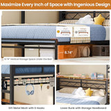 DICTAC Twin Over Full Bunk Bed with Desk,Led Lights and 4 Drawers,Metal Bunk Beds with Storage Headboard and Charging Station,L-Shaped bunk Bed for Kids/Teen with Safety Guardrail and Ladder,Black DICTAC