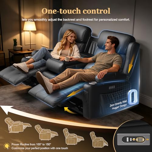Aotolo Power Reclining Loveseat Sofa with Console, Wall Hugger RV Recliner Couch, Home Theater Seating with Heating & Massage, Bluetooth Speaker, LED Light, USB & Type-C Ports, Storage Armrests