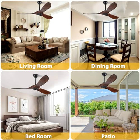 YKXONFA Solid Wood Ceiling Fans Without Light, 52 inch Real Wood Ceiling Fan with 6-Speeds 3 Wood Blades, Indoor Outdoor Ceiling Fans for Garage, Farmhouse, Living Room, Bedroom, Office YKXONFA