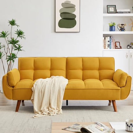 Betoko Convertible Futon Sofa Bed Sleeper Twin Size, Modern Reclining Linen Split Back Sofa Couch with Pillow Top Arm for Compact Living Room,Apartment (Yellow) Betoko